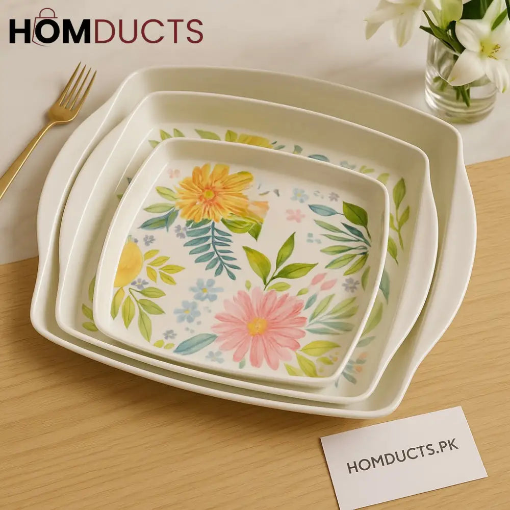 Floral Bliss 3 Piece Premium Ceramic Serving Tray Set