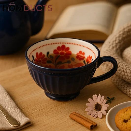 Floral Ceramic Tea Cup – Navy Blue with Red Interior Design