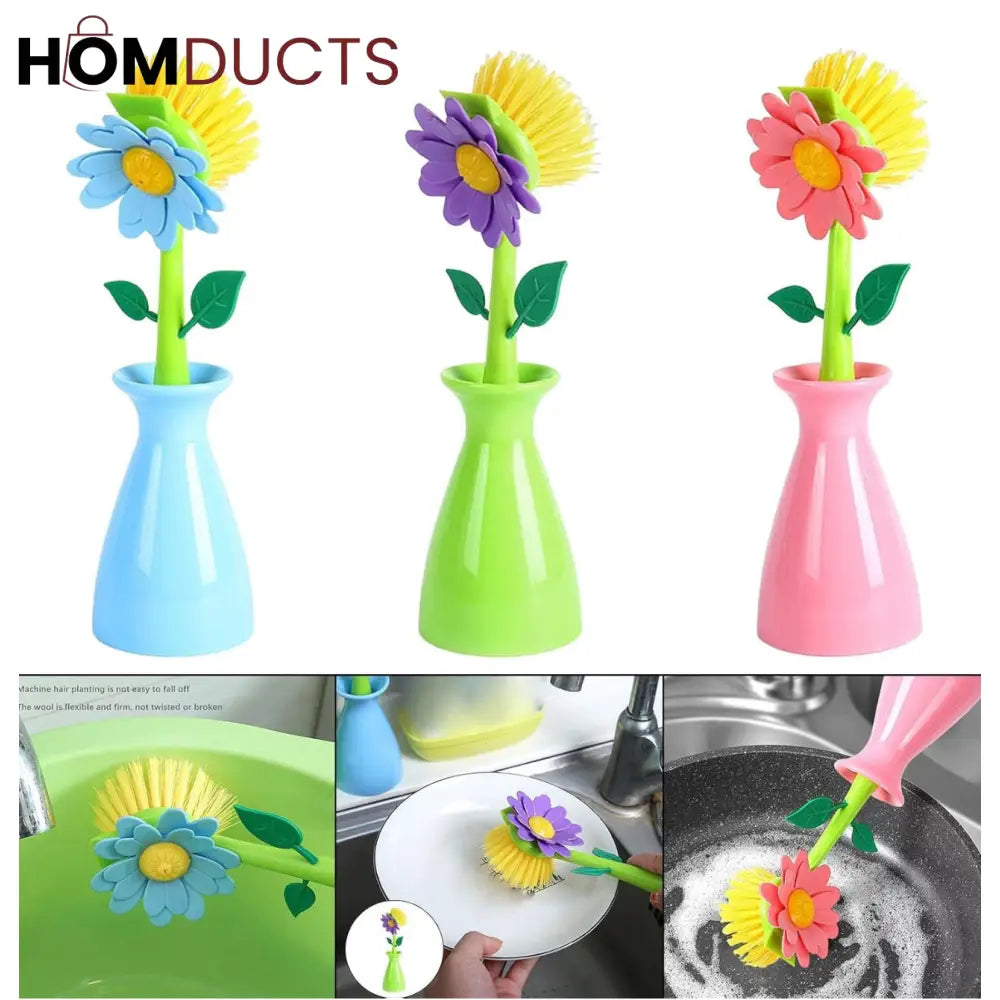 Floral Dish Brush Set with Matching Vase Holders – Decorative Kitchen Cleaning Tools