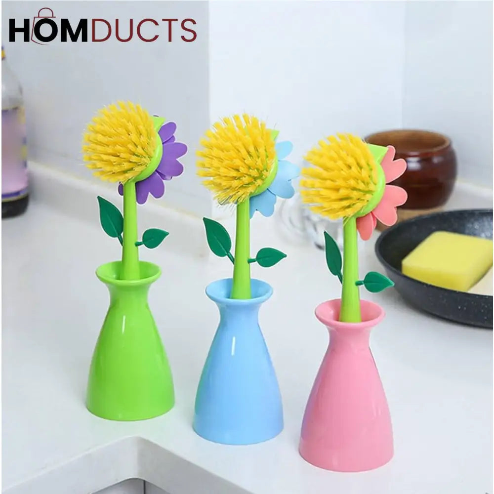 Floral Dish Brush Set with Matching Vase Holders – Decorative Kitchen Cleaning Tools