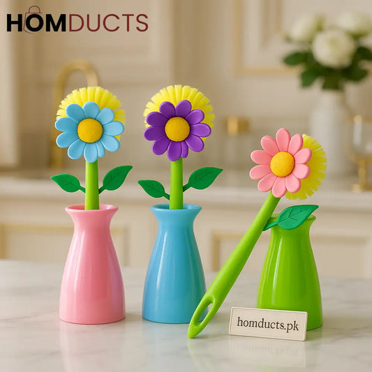 Floral Dish Brush Set with Matching Vase Holders – Decorative Kitchen Cleaning Tools