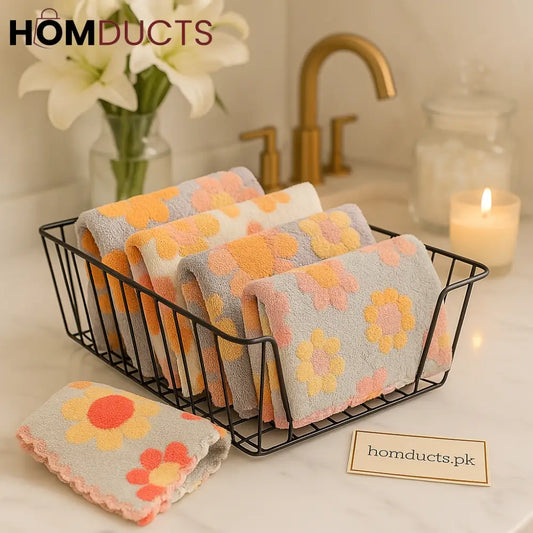 Floral Pattern Soft Cotton Face Towels – Absorbent & Quick-Dry Washcloths for Bathroom & Travel (Set of 5)