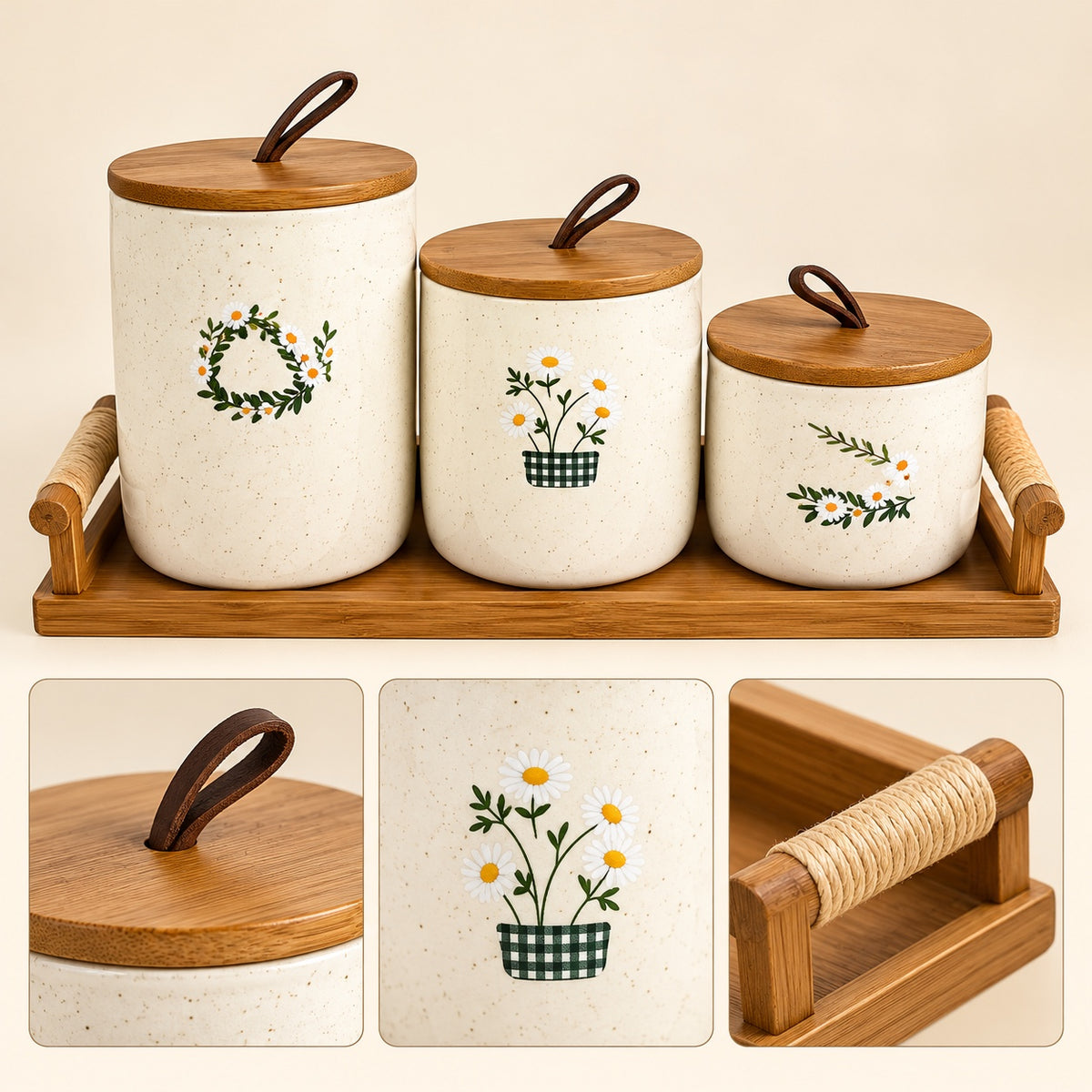 Floral ceramic storage jar set feature infographic