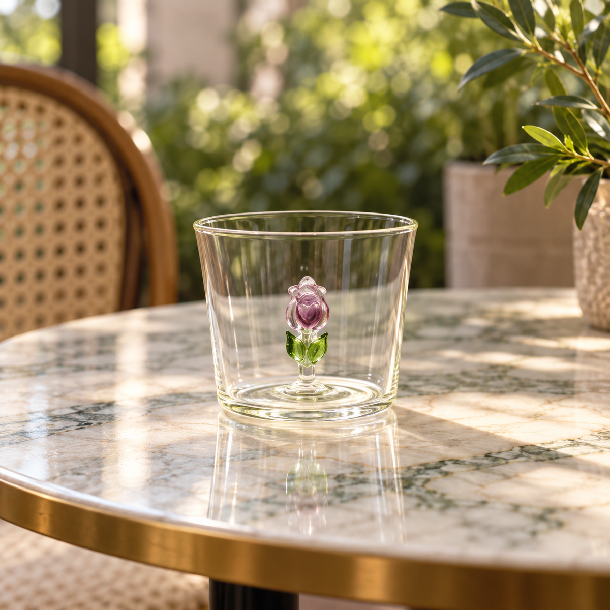 Clear flare-shaped drinking glass with pink flower accent