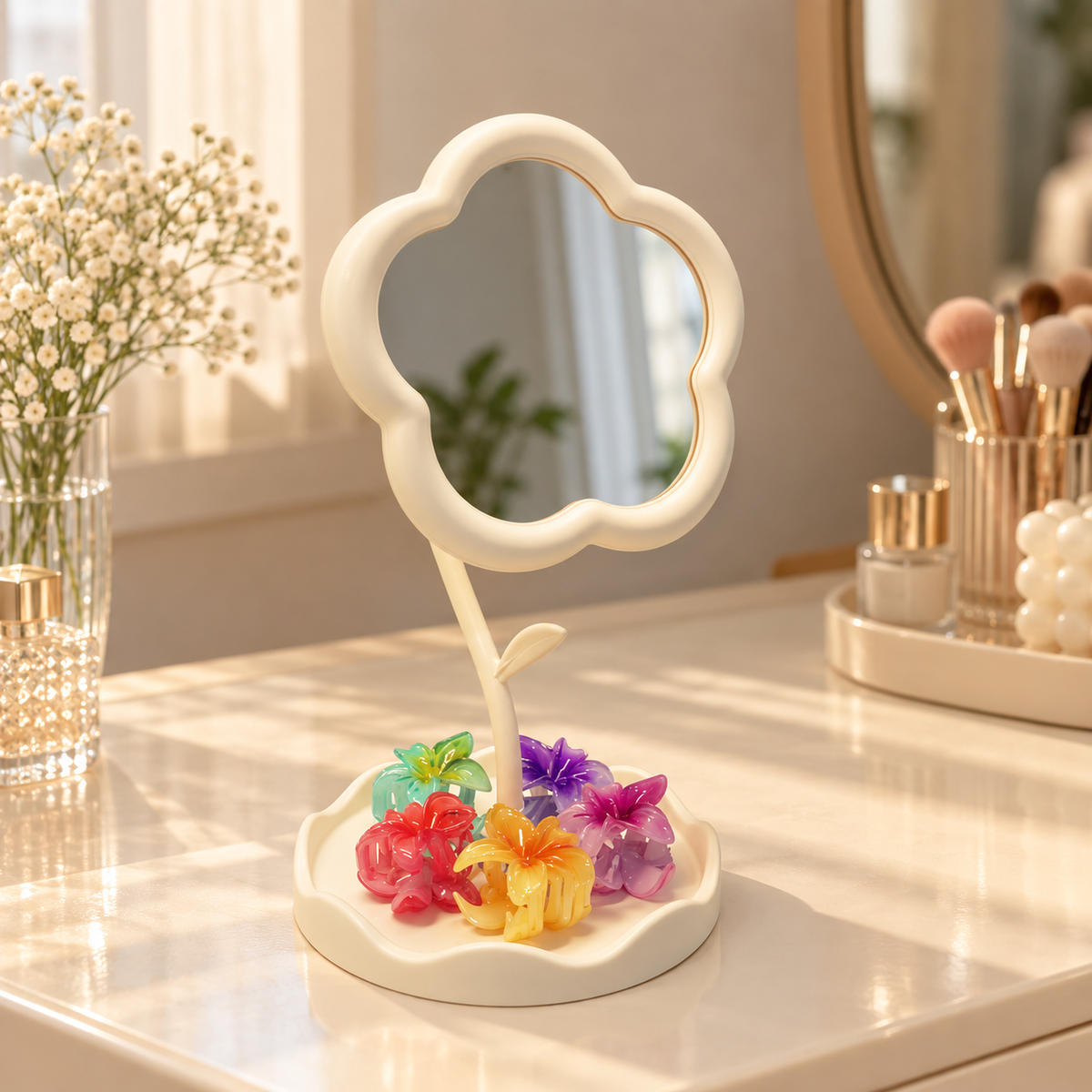 Cream flower-shaped tabletop makeup mirror with accessory storage tray