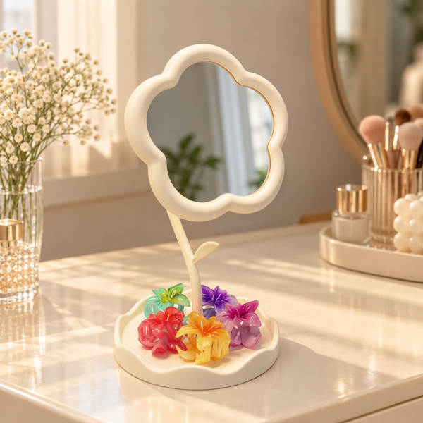 Cream flower-shaped tabletop makeup mirror with accessory storage tray