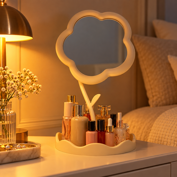 Cream flower vanity mirror with cosmetics organizer tray