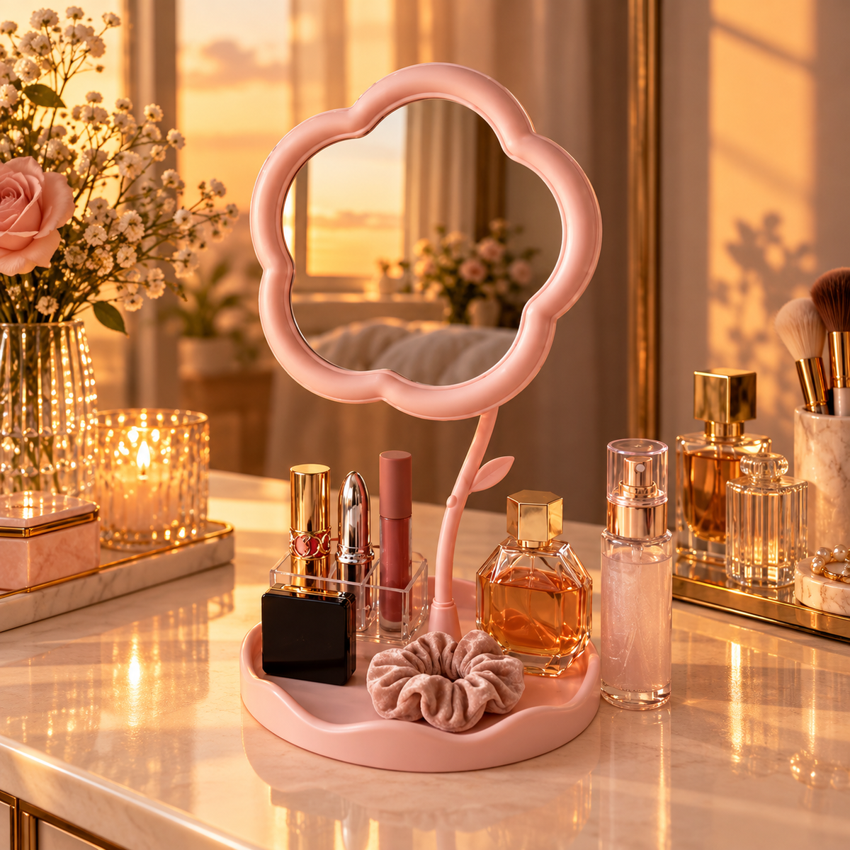 Flower-shaped pink tabletop vanity mirror for dressing table organization