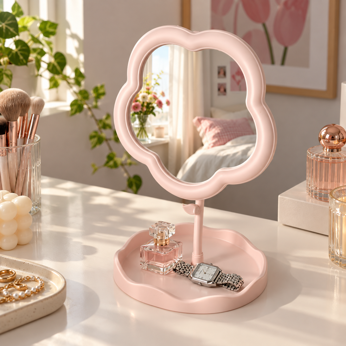 Pink flower vanity mirror with built-in jewellery and perfume tray