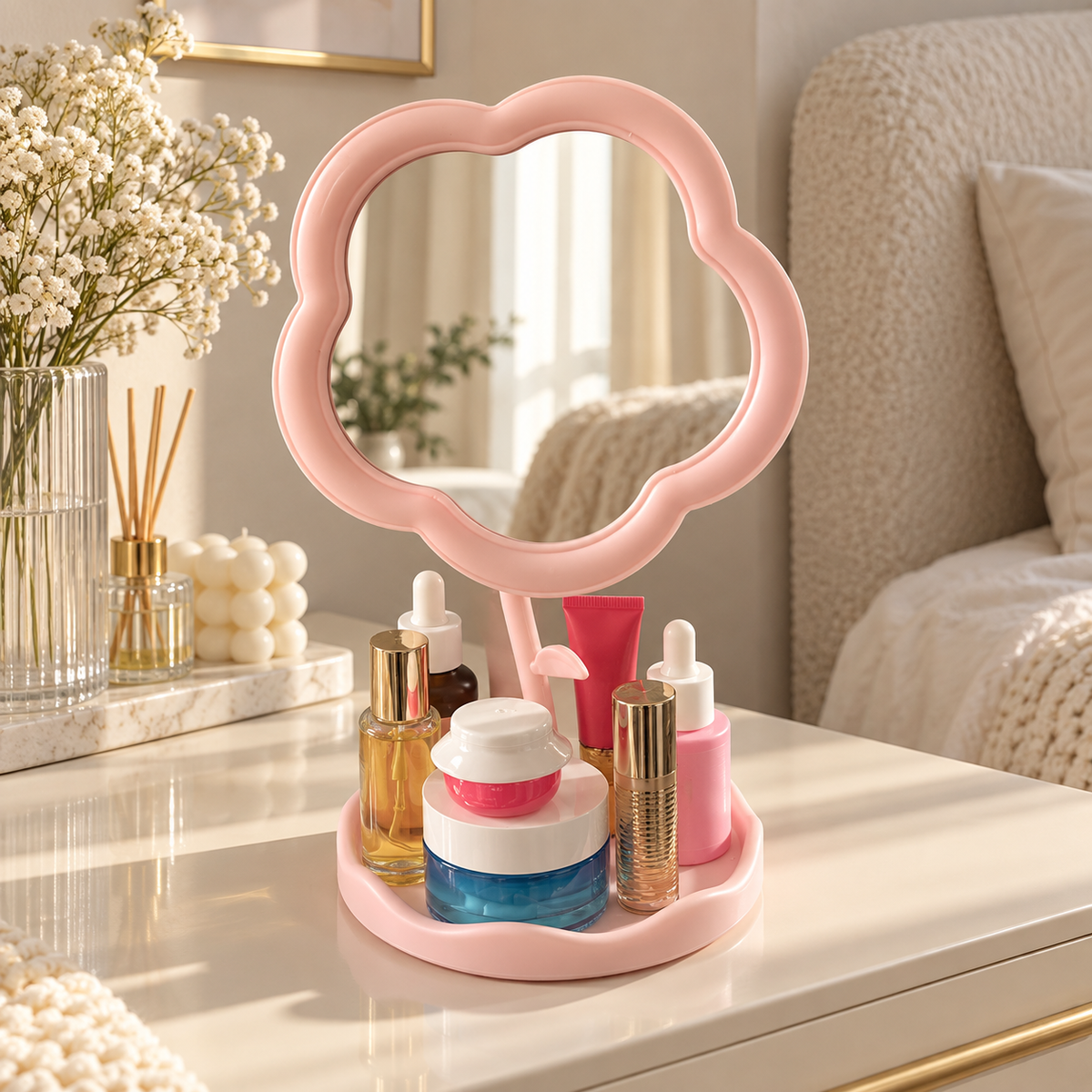 Pink flower-shaped tabletop vanity mirror with cosmetics storage tray