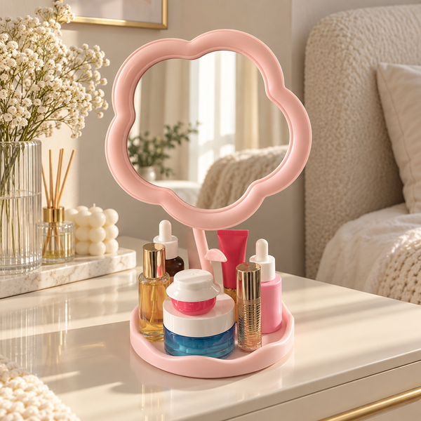 Pink flower-shaped tabletop vanity mirror with cosmetics storage tray