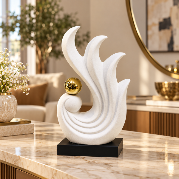 White flowing flame ceramic sculpture with gold sphere on black base
