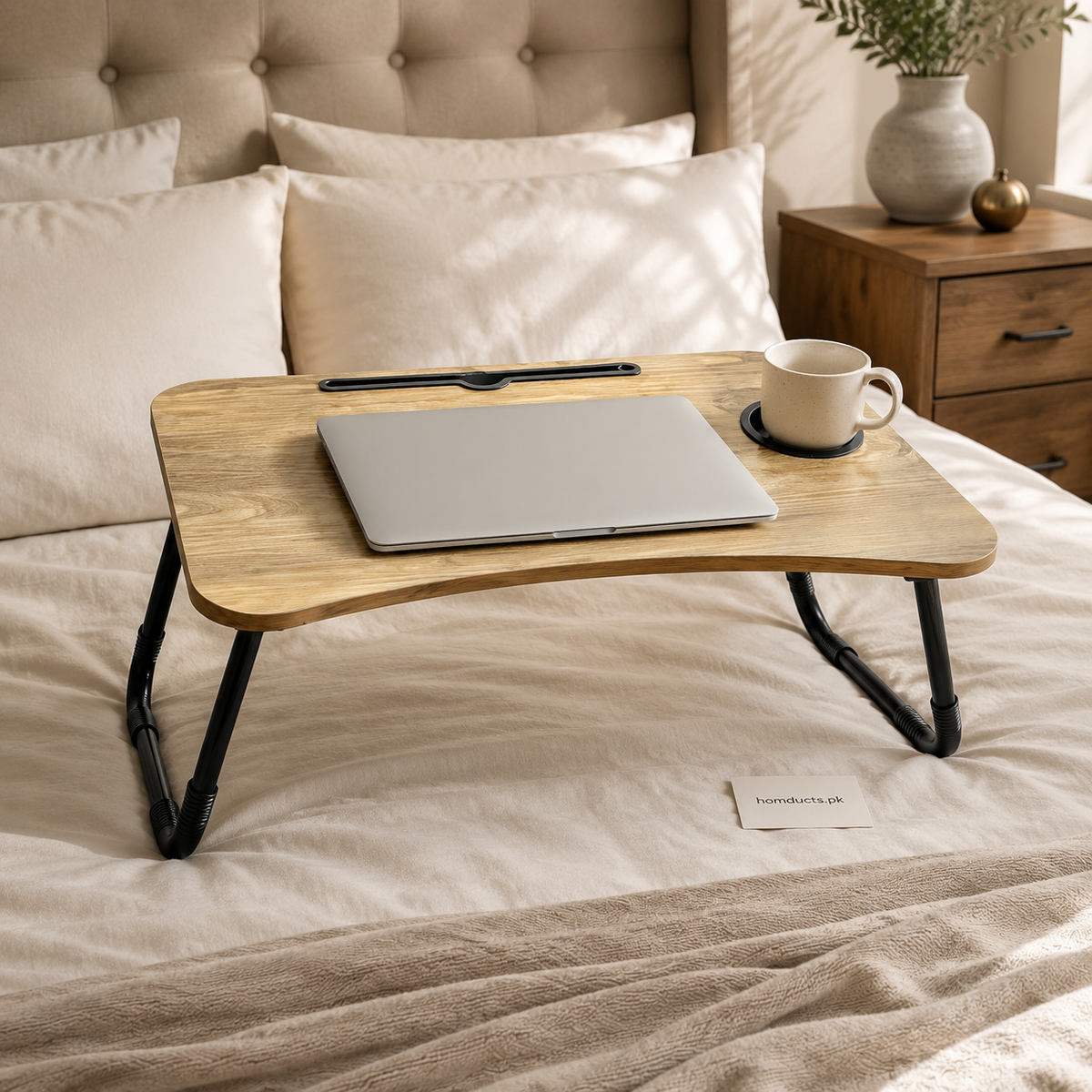 Foldable laptop bed table with cup holder and device slot