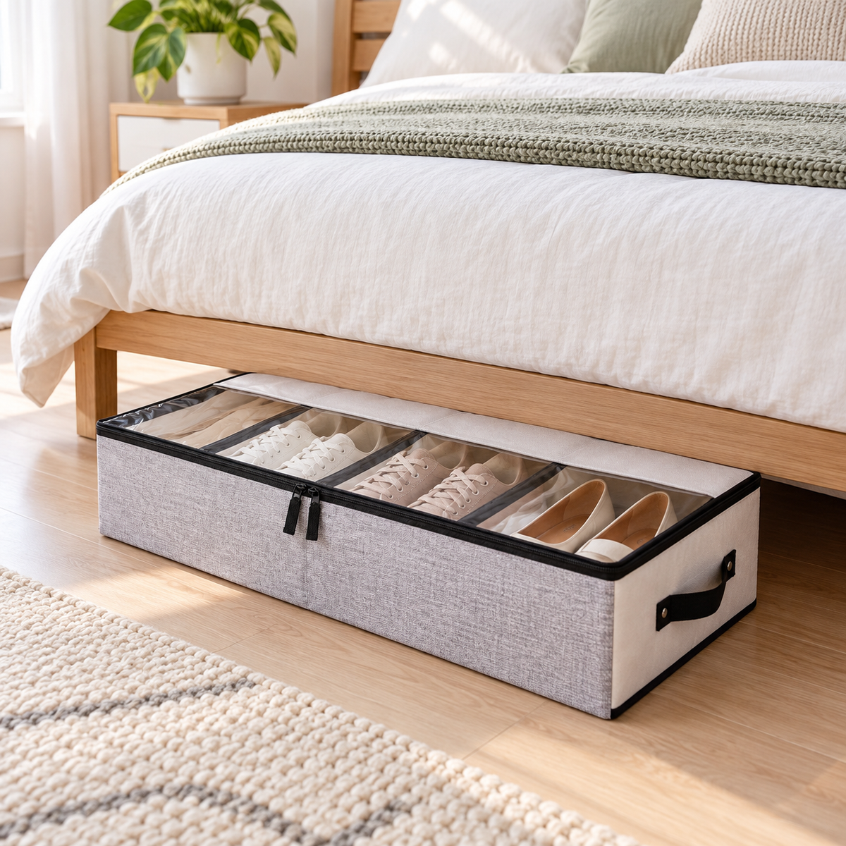 Foldable underbed shoe storage organizer with clear lid