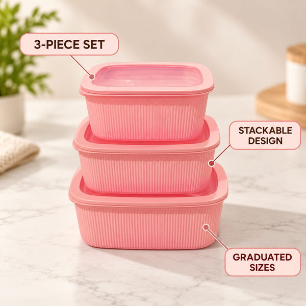 Three-piece stackable food container feature infographic