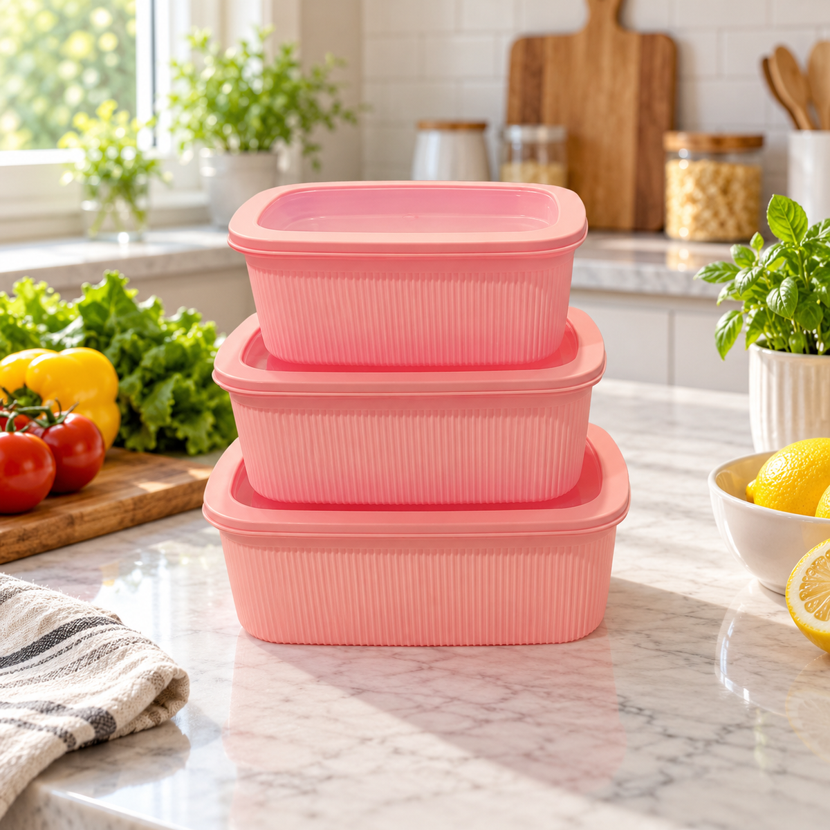 Three-piece pink food storage container set in a modern kitchen
