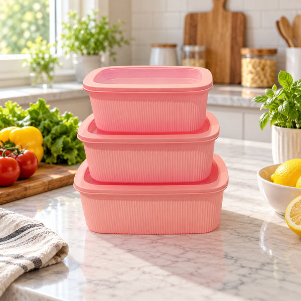 Three-piece pink food storage container set in a modern kitchen