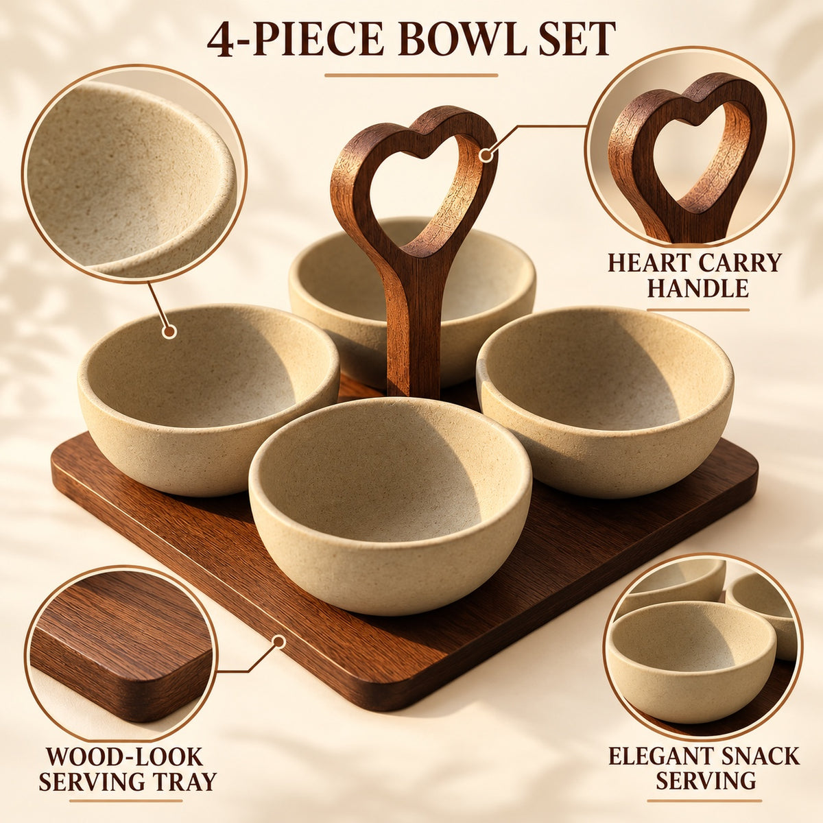 Four-bowl snack serving set feature infographic