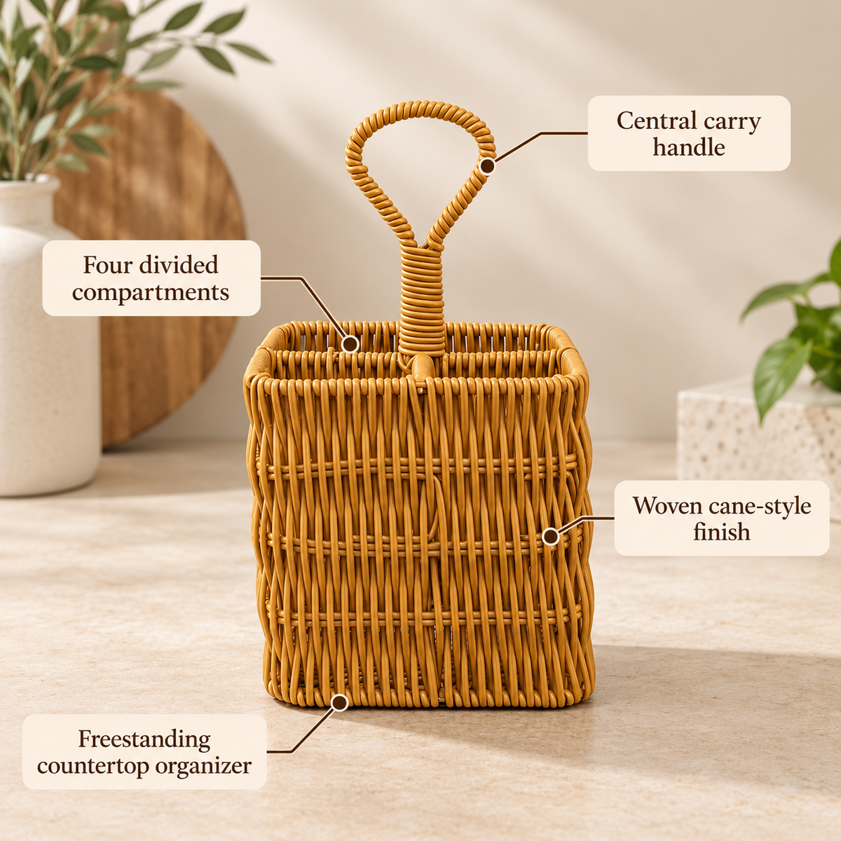 4-Compartment Cane-Style Utensil Holder feature infographic