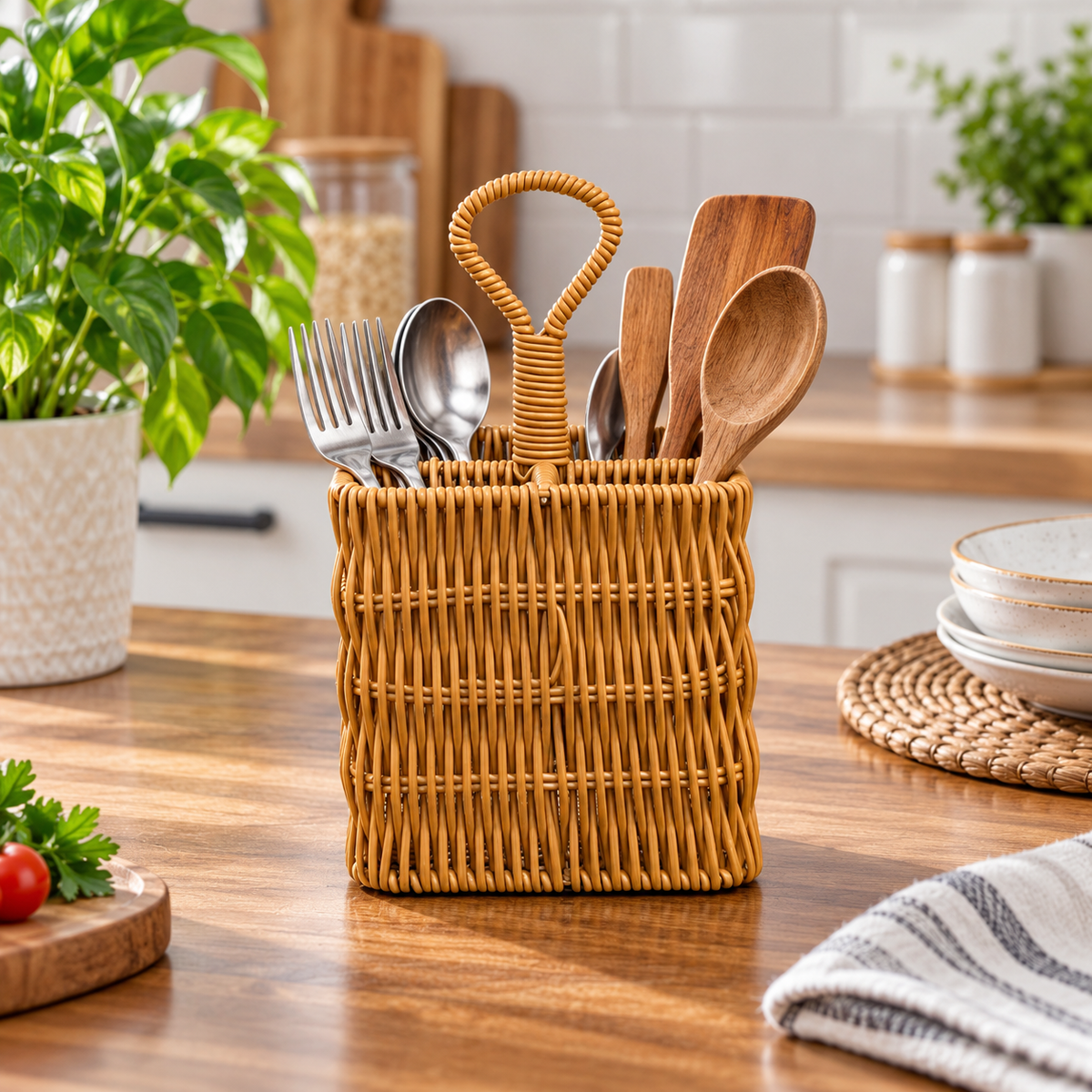 4-Compartment Cane-Style Utensil Holder styled in a premium kitchen setting