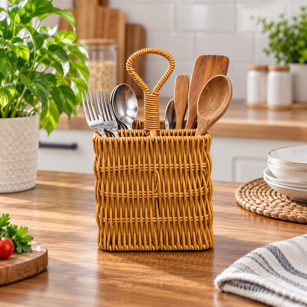 4-Compartment Cane-Style Utensil Holder styled in a premium kitchen setting