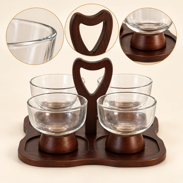 Four glass bowl snack serving set feature infographic