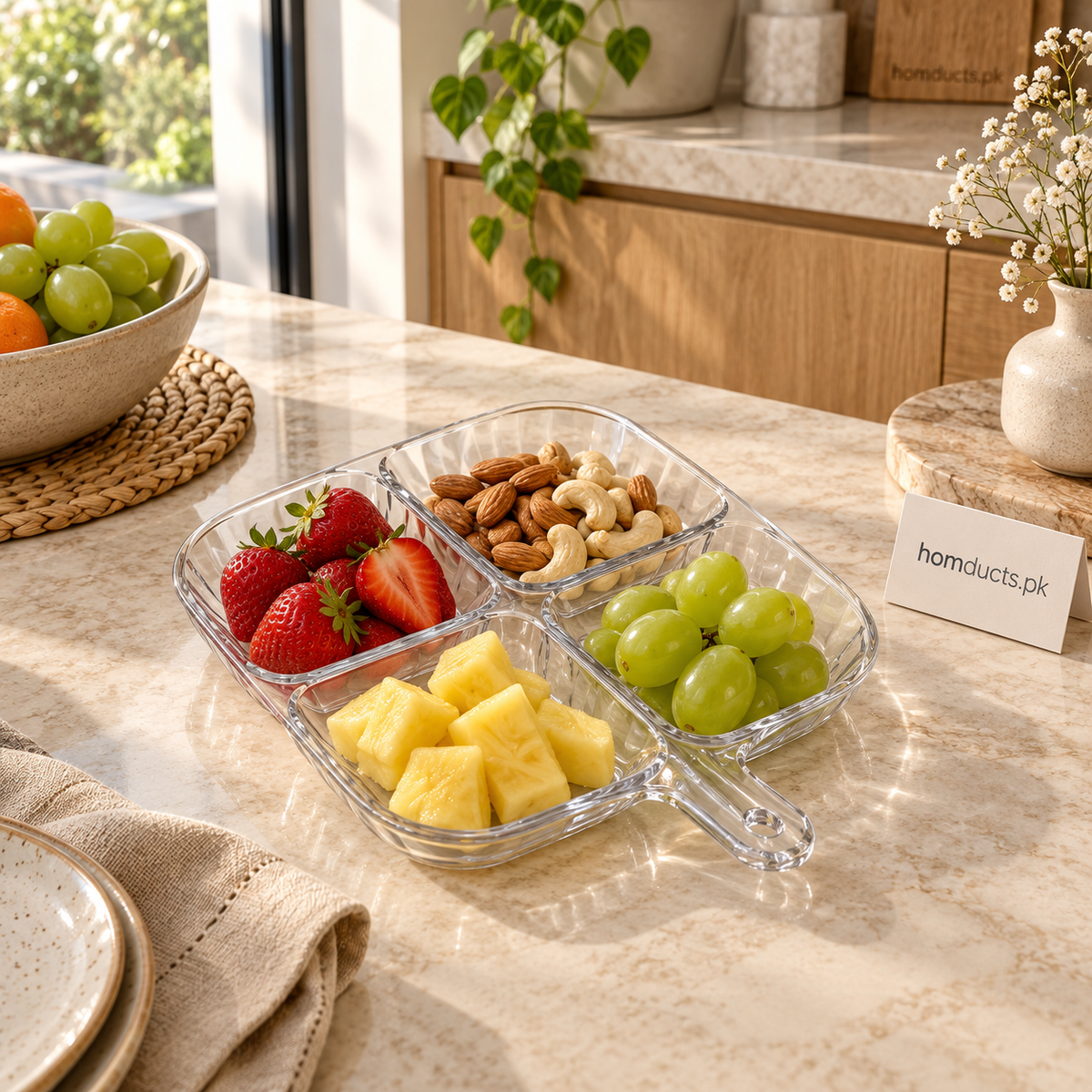 Clear 4-partition serving tray with handle
