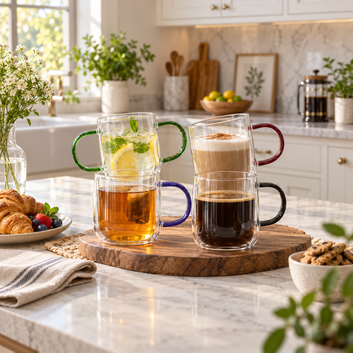 Four-piece borosilicate glass mug set with coloured handles