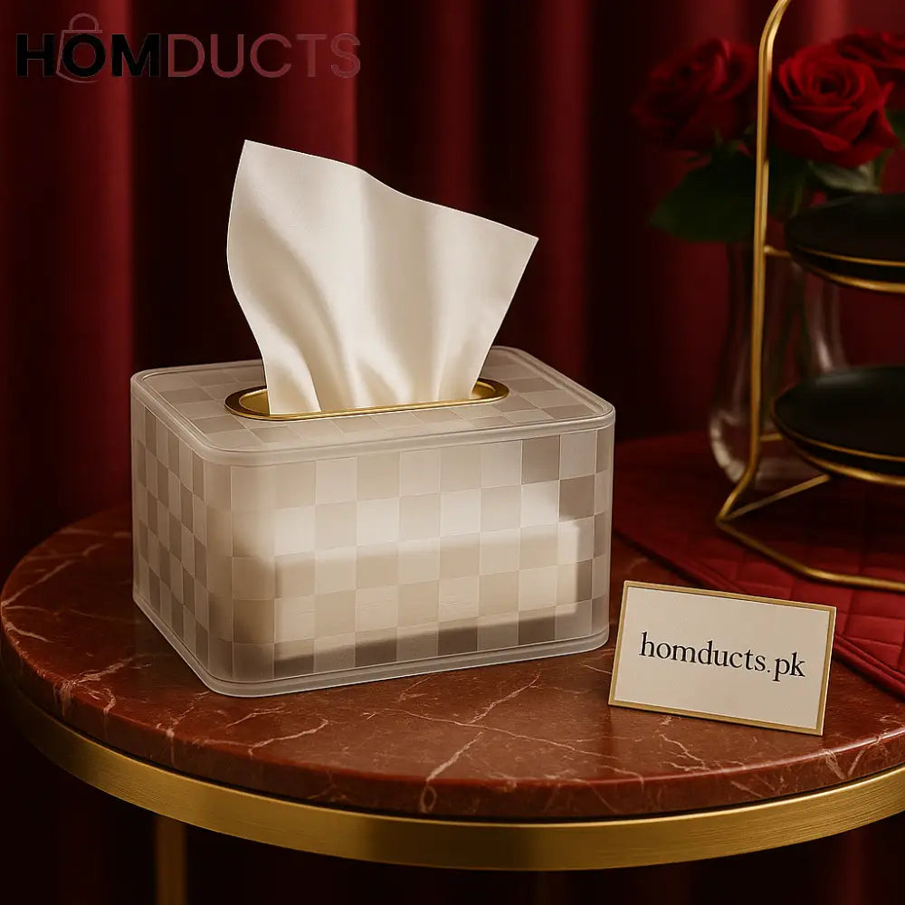 Frosted Luxe Checkered Tissue Box with Gold Trim