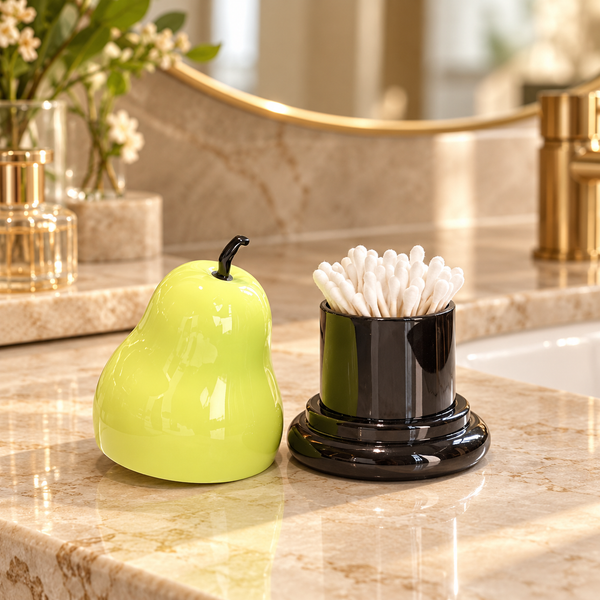 Pear-shaped cotton swab holder with removable lid