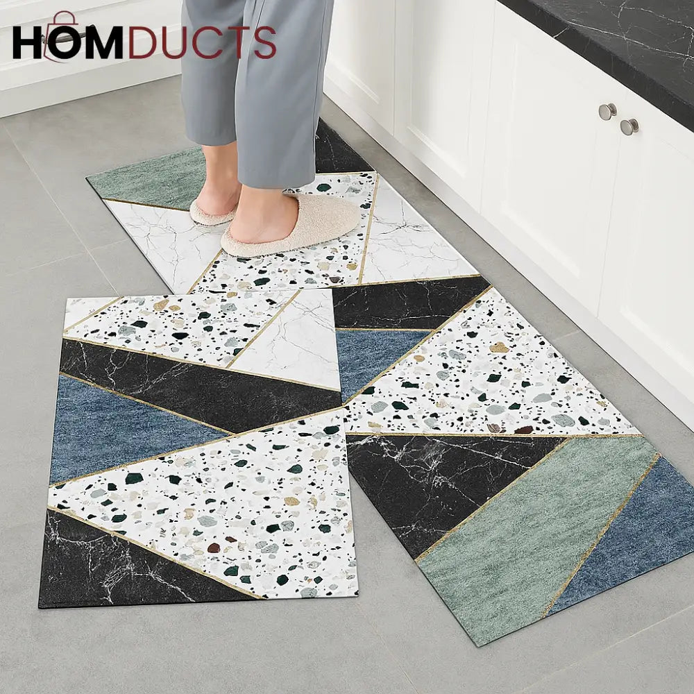 Geometric Anti-Fatigue Kitchen Mat Set – Marble Terrazzo & Gold Design (2pcs)