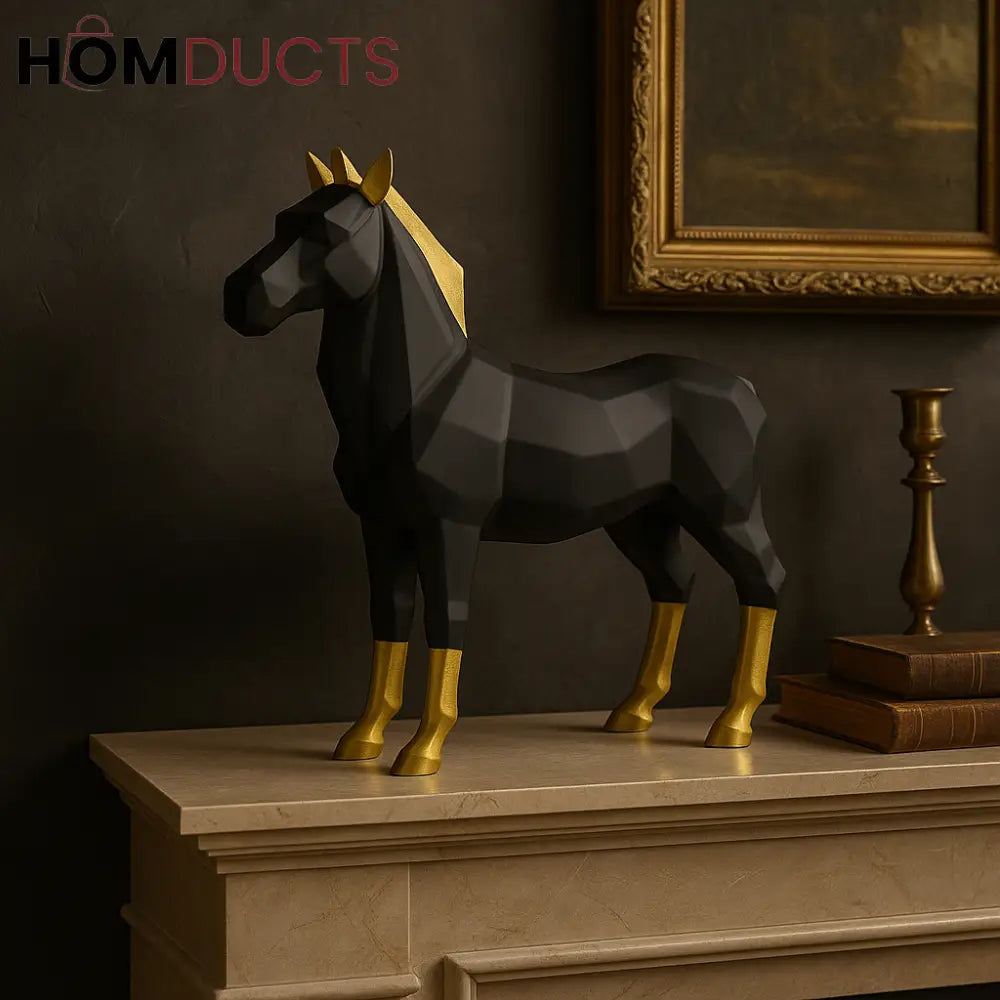 Geometric Black Horse Sculpture with Gold Accents – Modern Luxe Decor