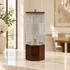 Geometric glass beverage dispenser with dark wooden stand