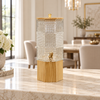 Geometric glass beverage dispenser with light wooden stand