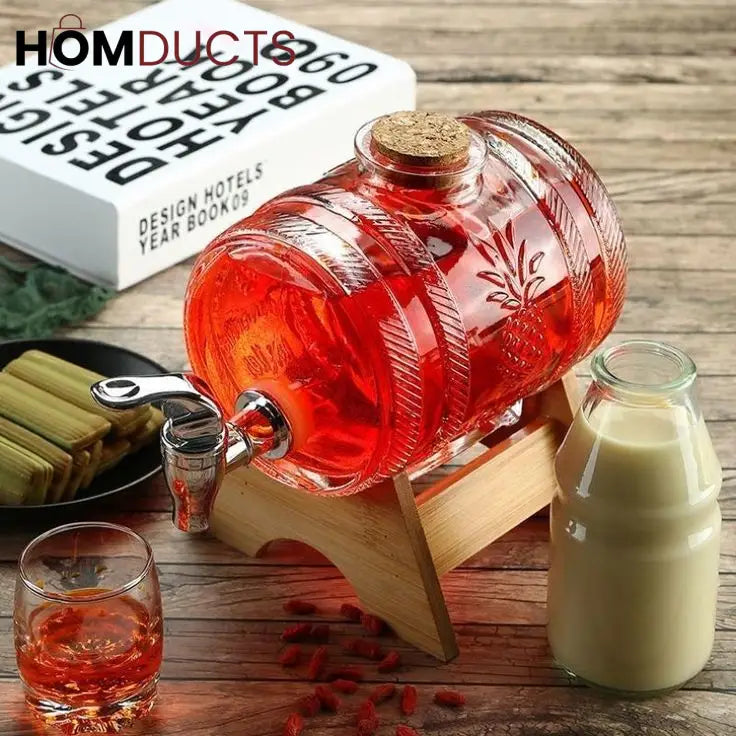 Glass Barrel Beverage Dispenser with Wooden Stand and Tap – Pineapple Embossed Drink Server