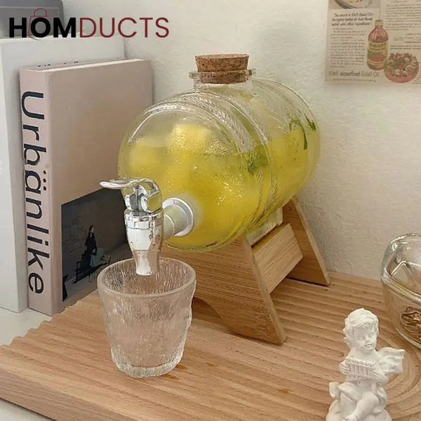 Glass Barrel Beverage Dispenser with Wooden Stand and Tap – Pineapple Embossed Drink Server