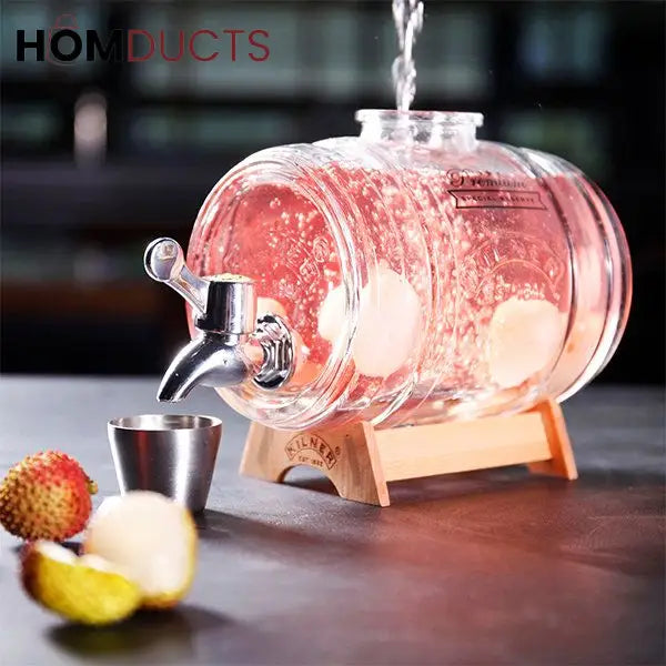 Glass Barrel Beverage Dispenser with Wooden Stand and Tap – Pineapple Embossed Drink Server