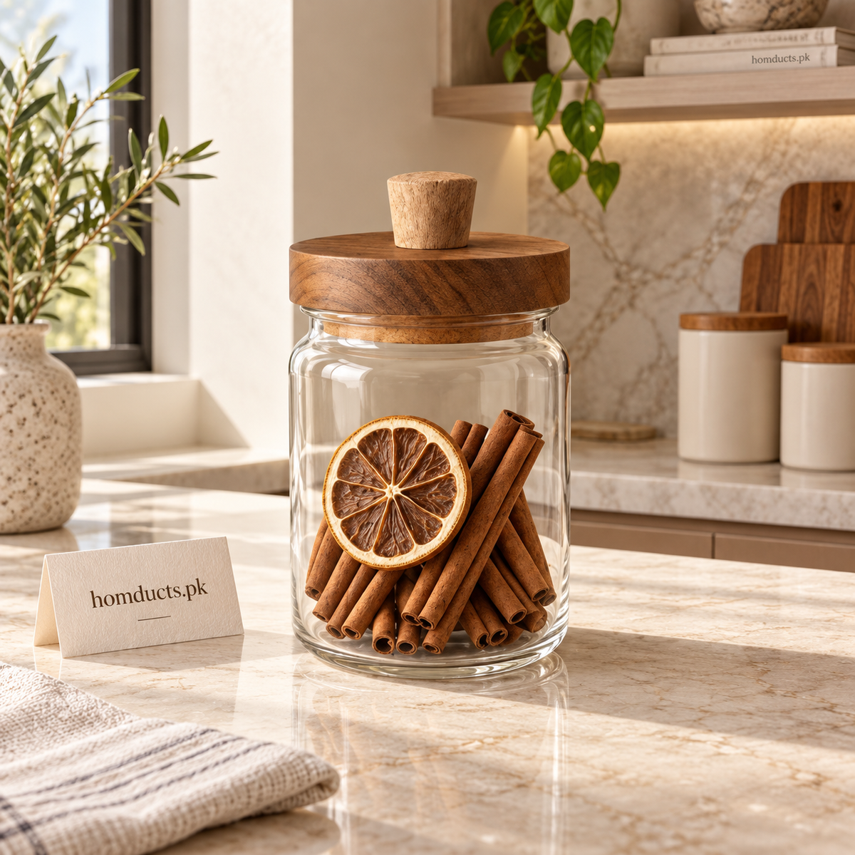 Clear glass storage jar with wooden lid