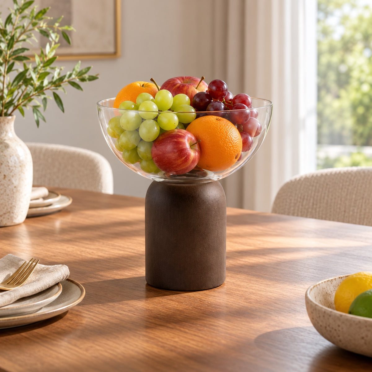 Clear glass serving bowl on a dark wooden pedestal