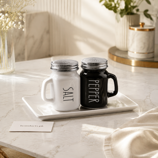 White and black glass salt and pepper shaker set with handles