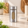 Glass seasoning bottle with stainless-steel sleeve and viewing window