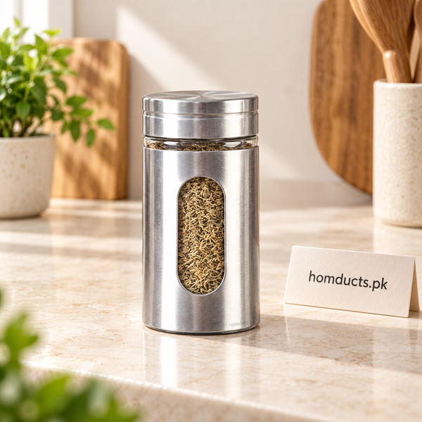 Glass seasoning bottle with stainless-steel sleeve and viewing window