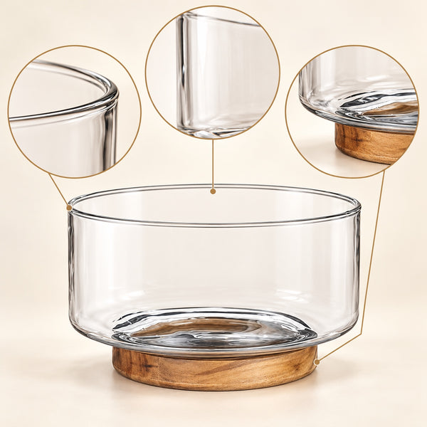 Clear glass serving bowl with wooden base feature infographic