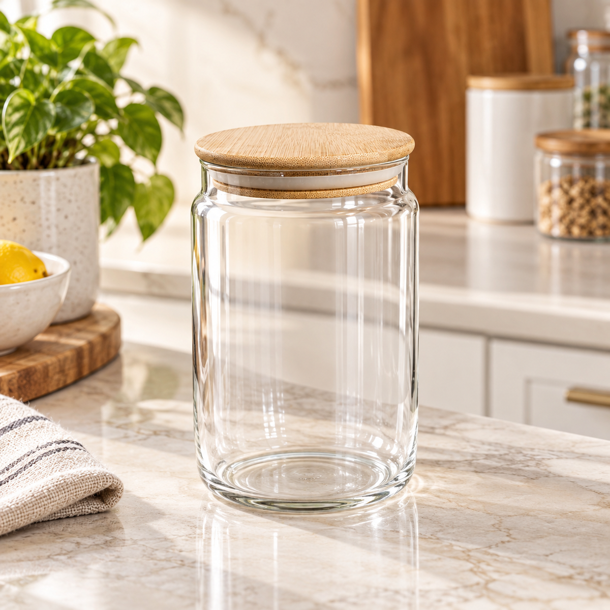 Clear glass storage jar with bamboo lid, 1200ml