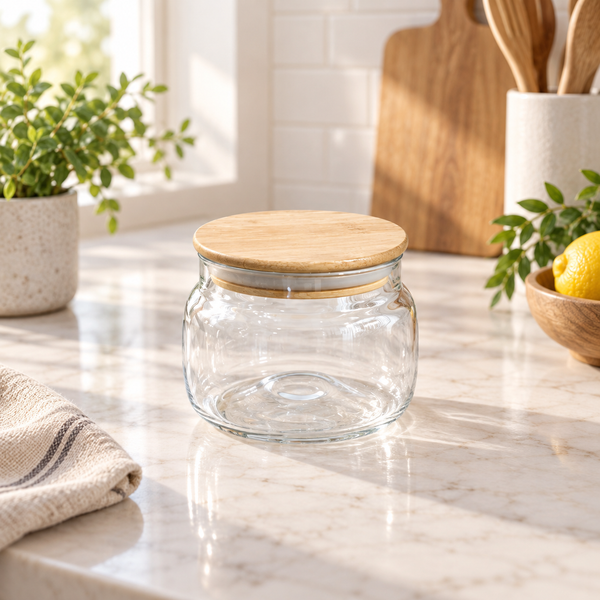 Clear glass storage jar with bamboo lid, 400ml