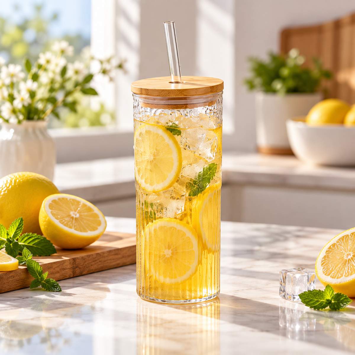 500ml glass tumbler with bamboo lid and straw