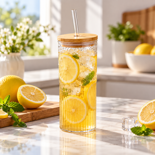 500ml glass tumbler with bamboo lid and straw
