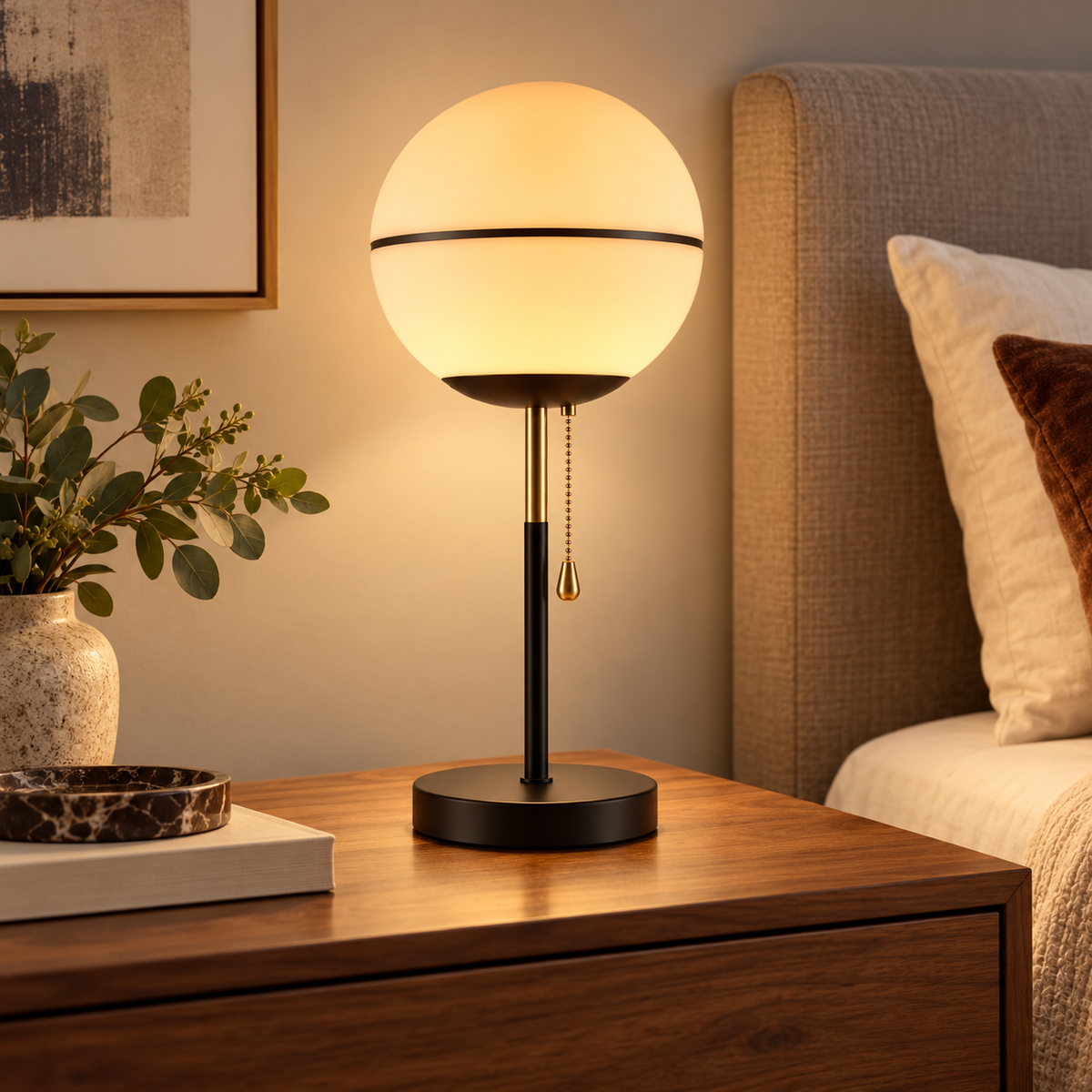 Modern globe table lamp with pull chain switch