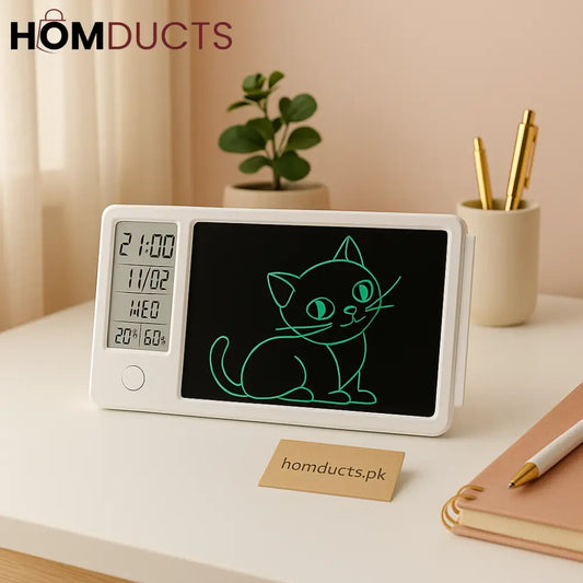 GlowNote Smart LCD Writing Tablet with Digital Clock & Calendar – Desktop Memo Pad