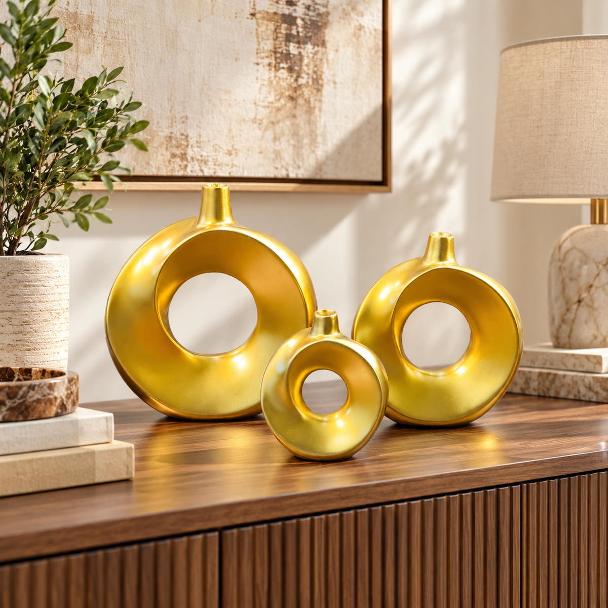 Three piece gold abstract donut decorative vase set